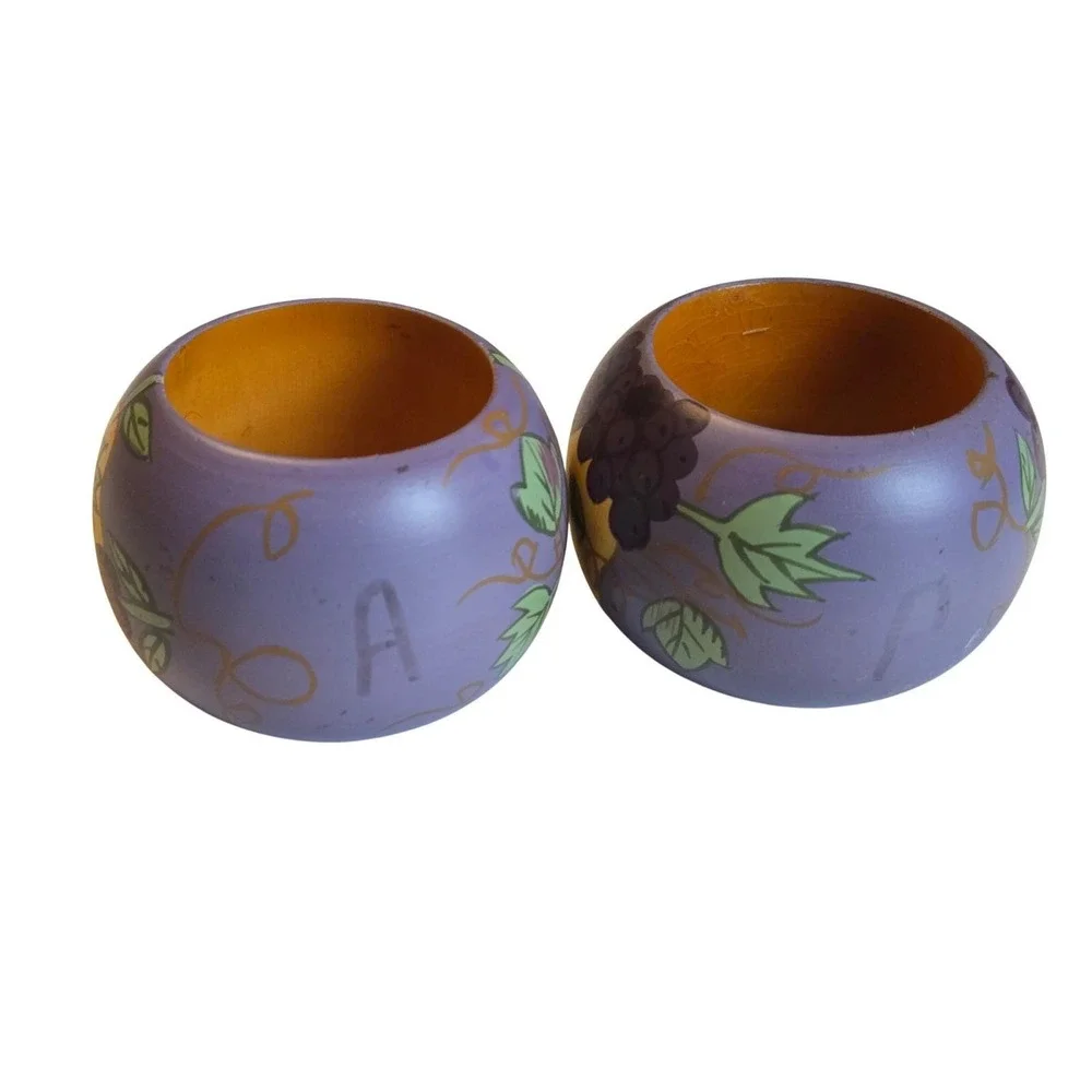 Vintage Hand Painted Wooden Fruit Napkin Rings Set 2 Farmhouse Country Decor